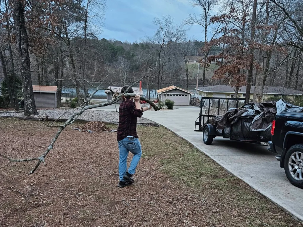 Worker carrying tree branch across property